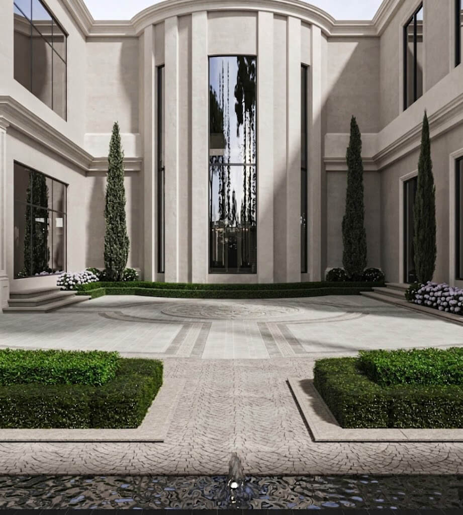 تصميم فناء خارجي فاخر مع مسطحات مائية – قطر