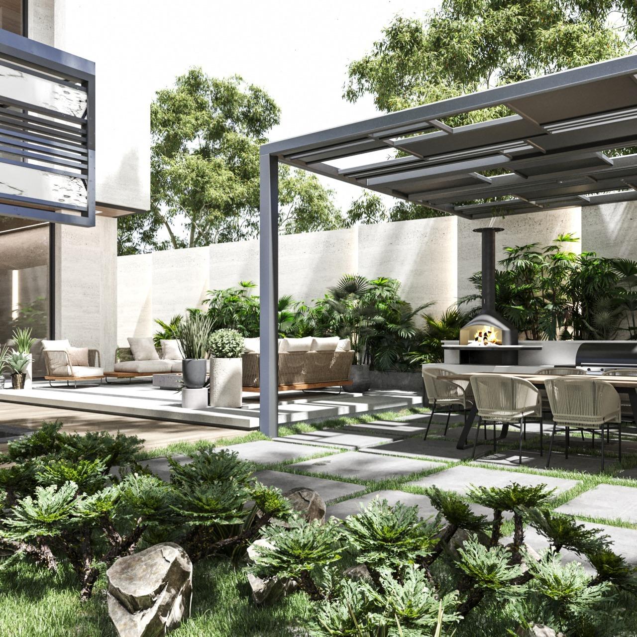 تنسيق لاندسكيب سكني مبتكر مع مسطحات مائية هادئة